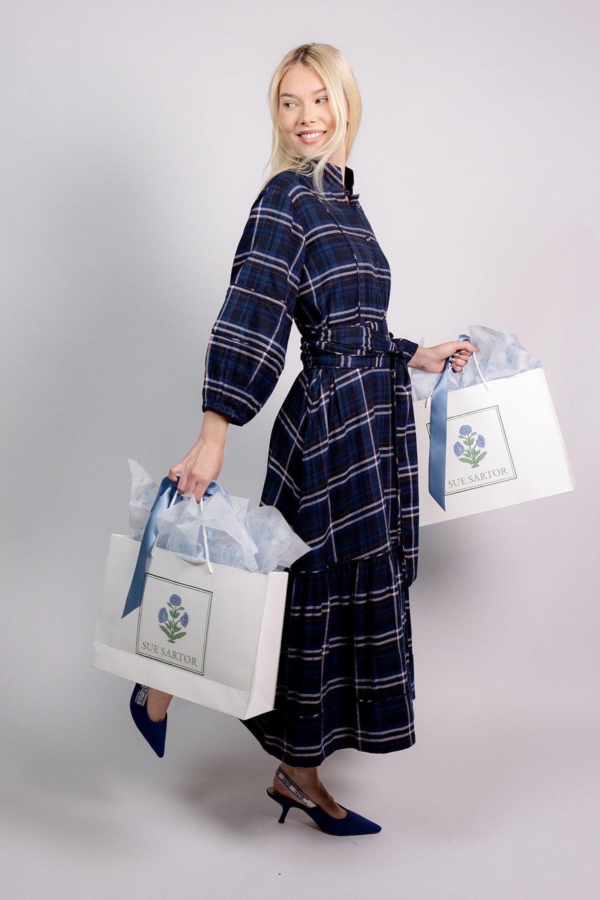 SUE SARTOR Flounce | Midnight/Noir Windowpane Plaid