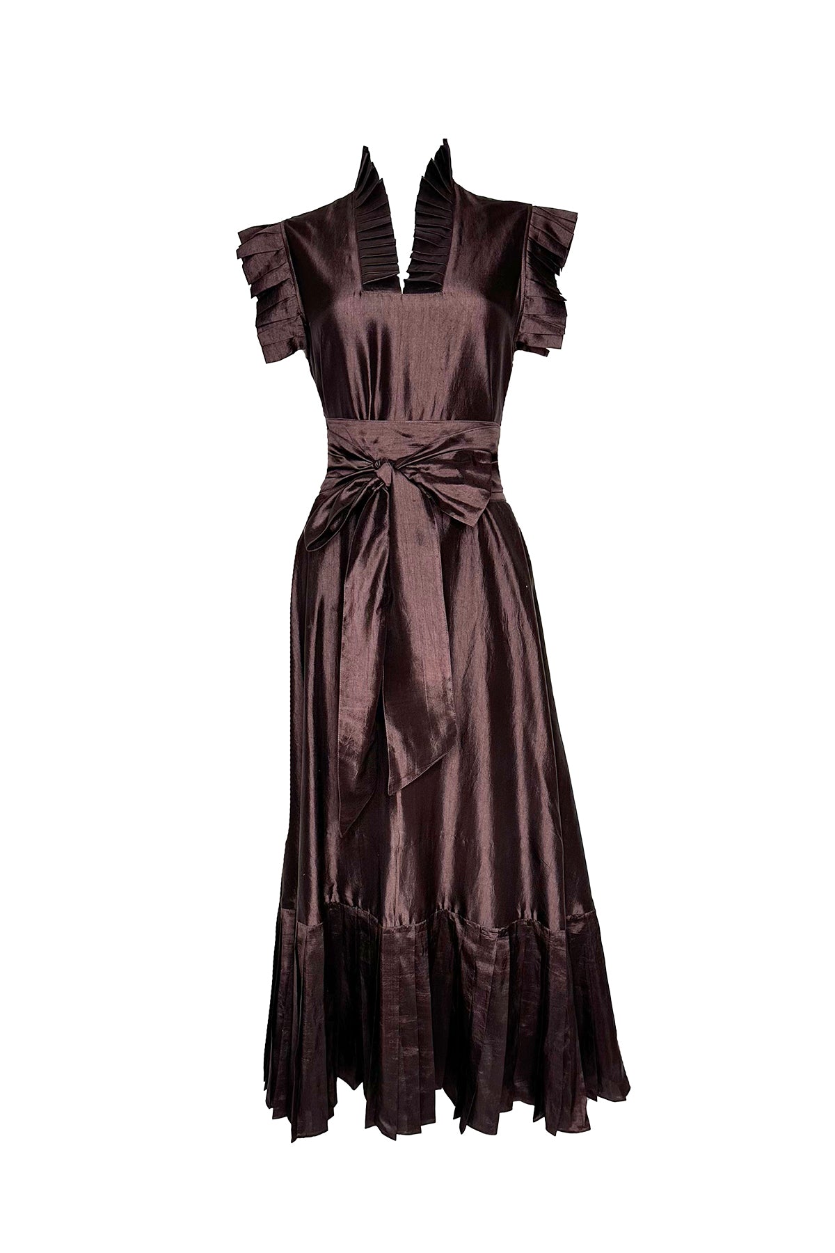 Pleated Sleeveless SUE SARTOR Flounce Maxi | Chocolate Silk Taffeta
