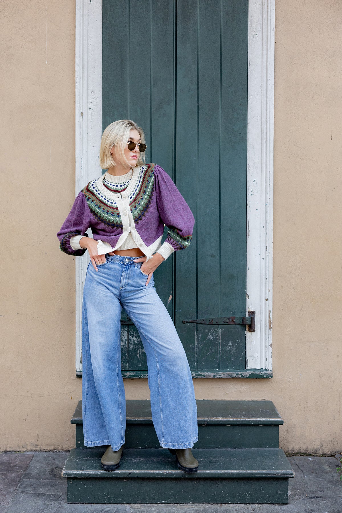 Barrel Sleeve Cardigan | Plum/Burgundy Fair Isle
