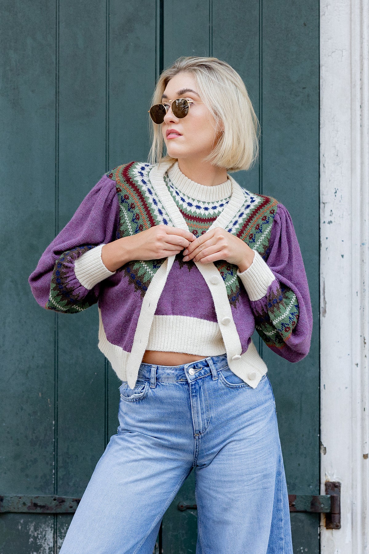 Barrel Sleeve Cardigan | Plum/Burgundy Fair Isle