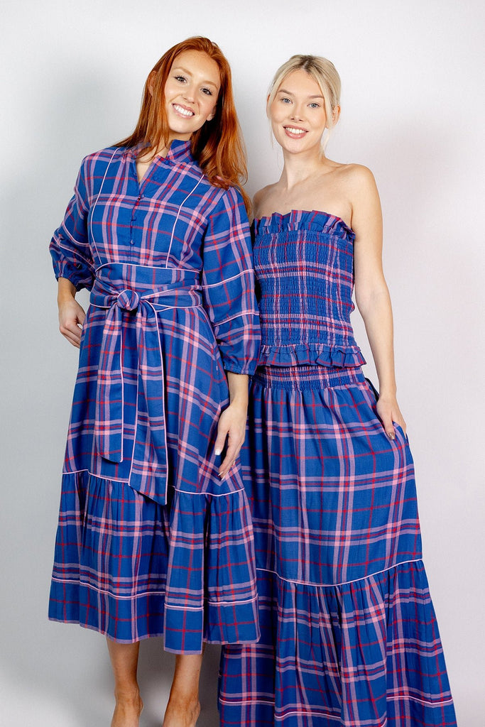 SUE SARTOR Flounce Smocked Waist Skirt | Cobalt/Roseberry Islay Tartan