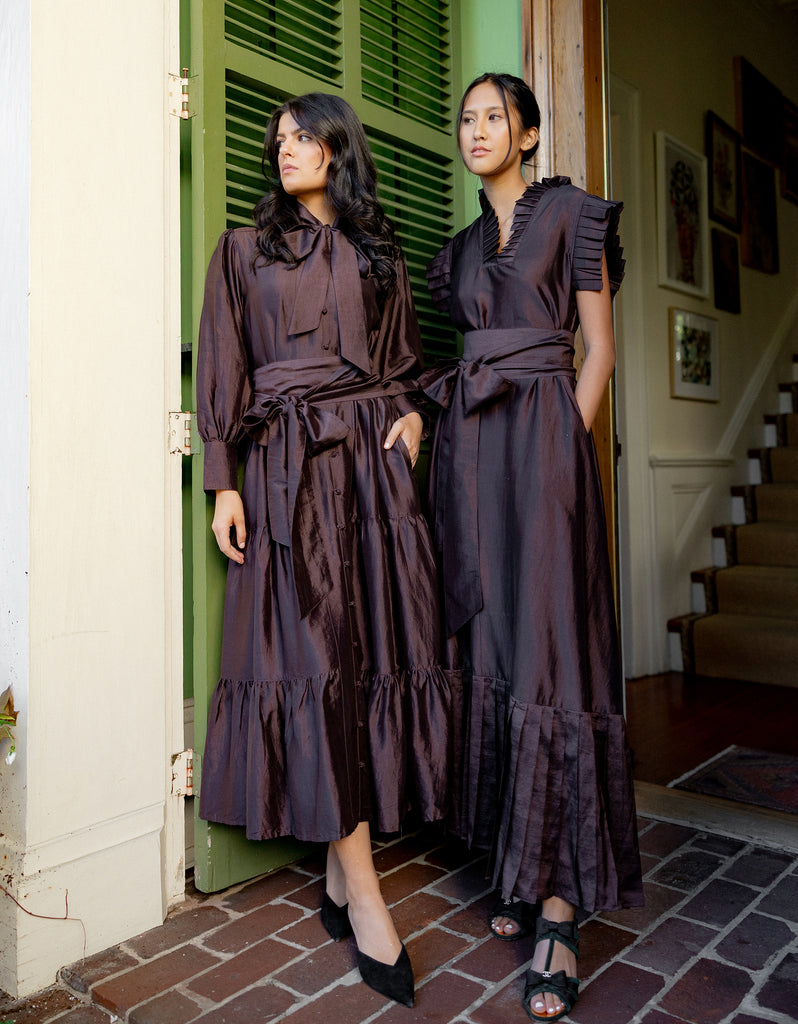 SUE SARTOR Flounce Maxi | Oxford Blue/Pink Stripe