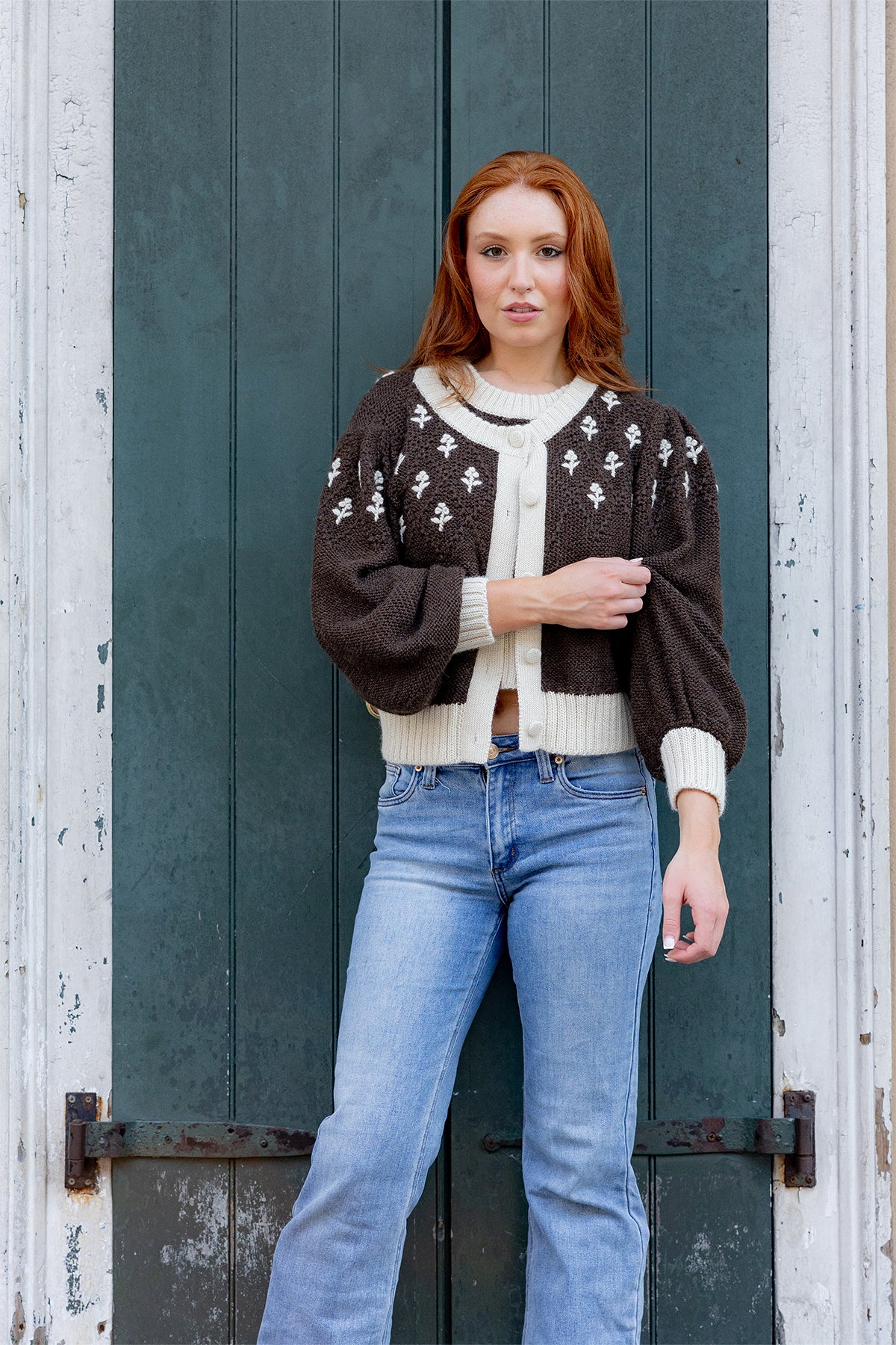 Barrel Sleeve Cardigan | Chocolate/Ivory Trellis – SUE SARTOR