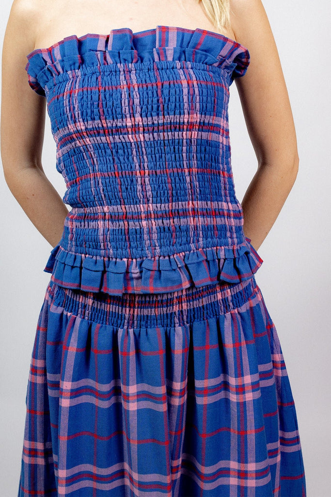 SUE SARTOR Flounce Smocked Waist Skirt | Cobalt/Roseberry Islay Tartan