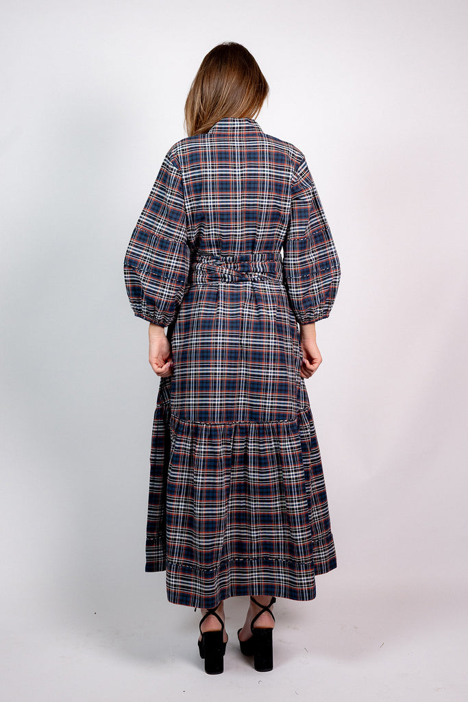 SUE SARTOR Flounce Maxi | Onyx/Garnet Highland Glen Plaid