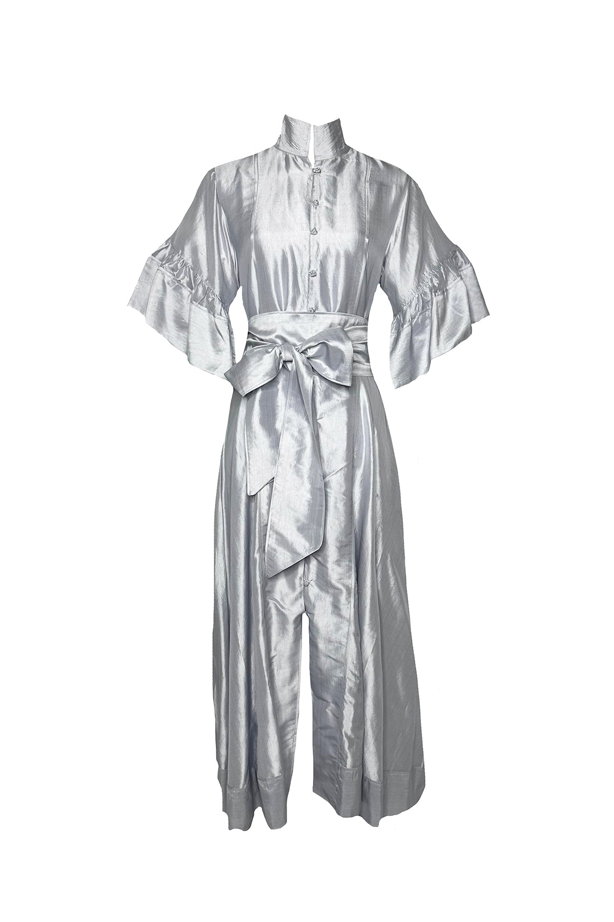 Leela Hostess Kaftan | Dove Grey Silk Taffeta