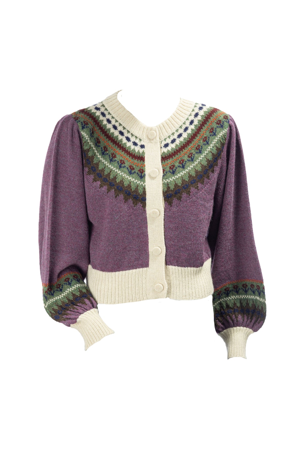 トップス RULE THE FATE mix colour knit cardigan Barrel Sleeve Cardigan | Plum/Burgundy Fair Isle – SUE SARTOR