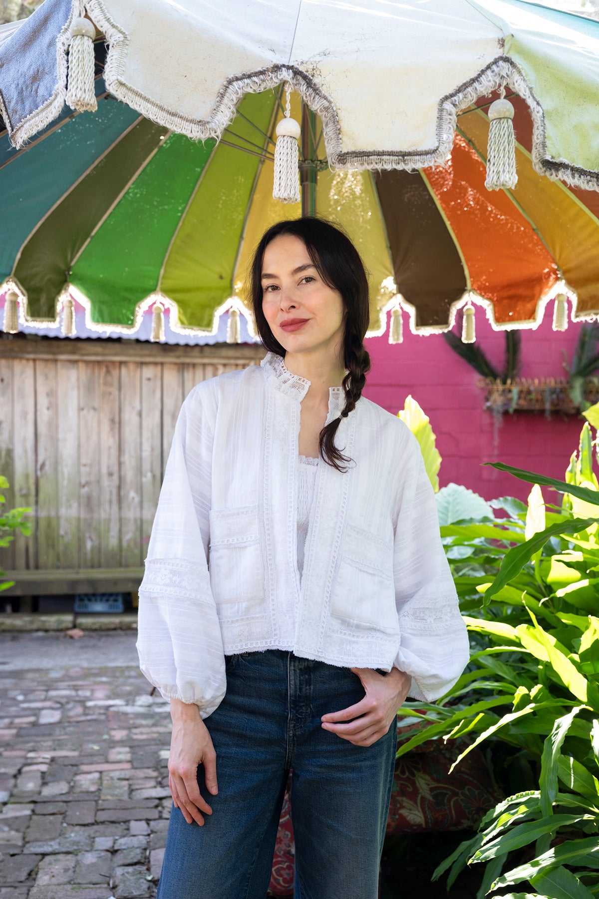 Blouson Jacket | White Cotton Floral Lace