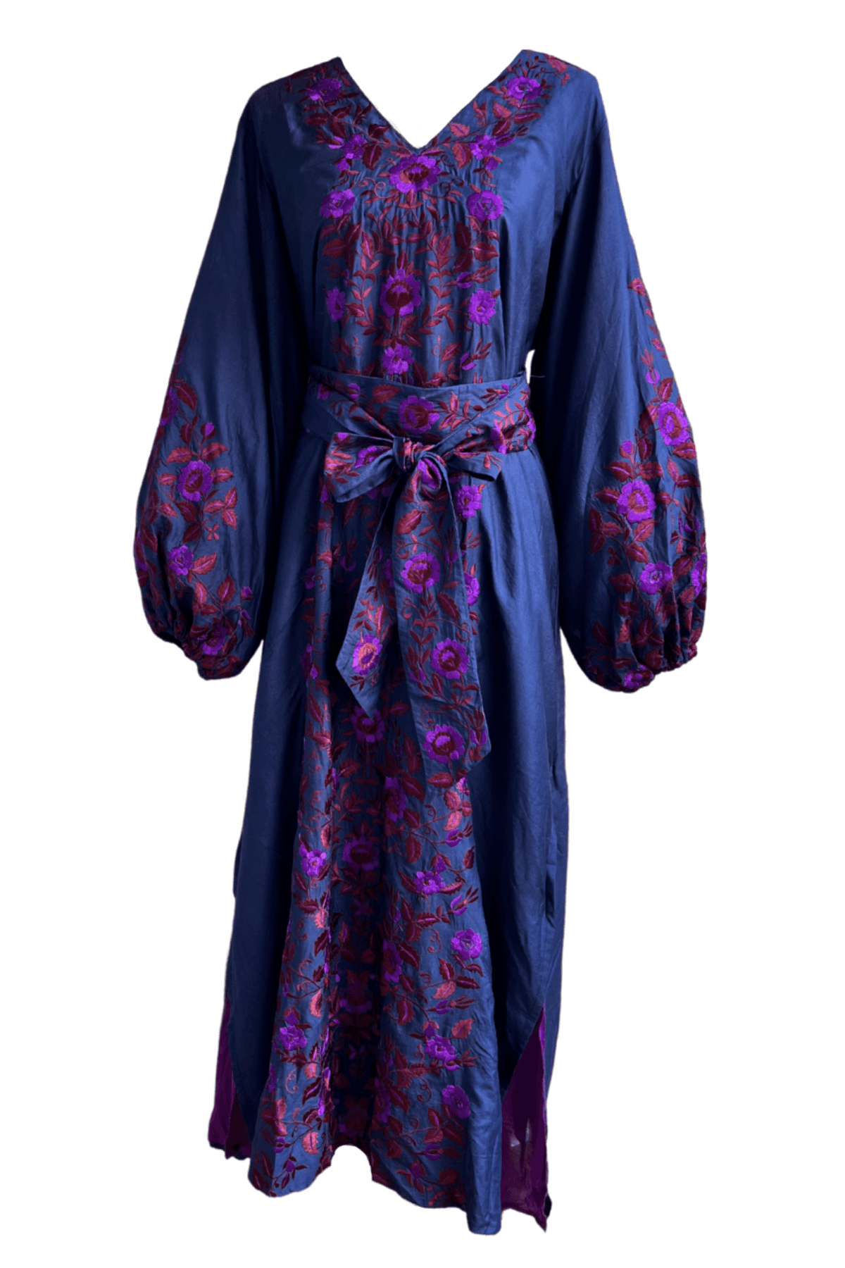 Manga de globo de doble cañón SS Kaftan | Bordado de flores índigo/magenta/borgoña intenso
